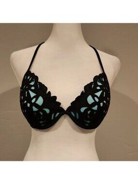 Shade & Shore Black and Teal Push-Up Padded Bikini Top 38C  NWT
